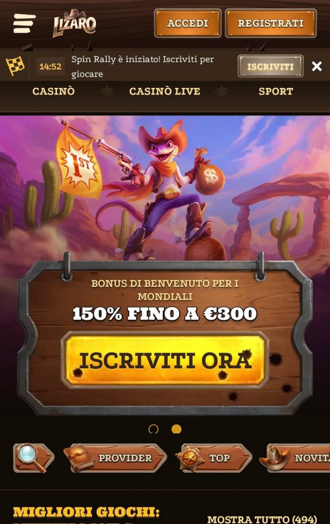 Homepage Lizaro con bonus Mondiali e mascotte western