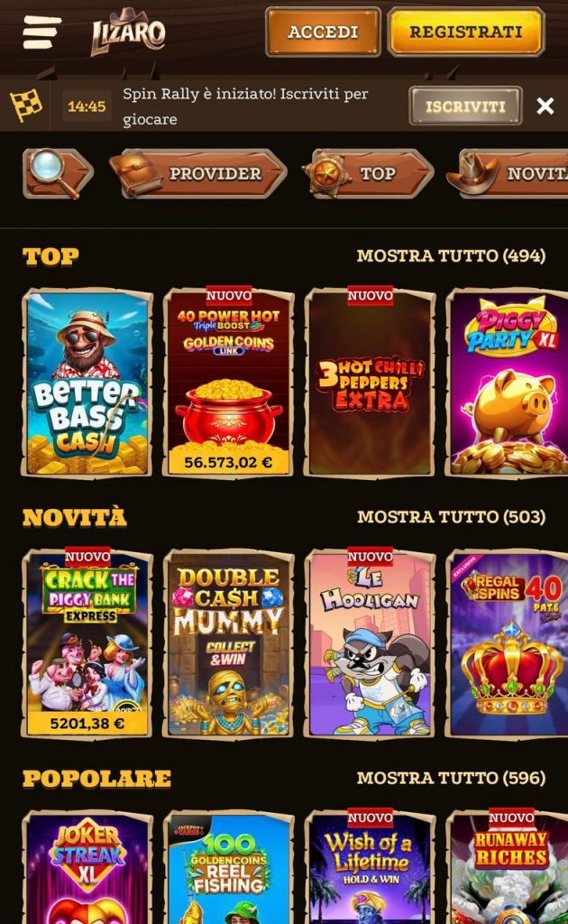 Homepage Lizaro con slot Top, Novità e Popolar
