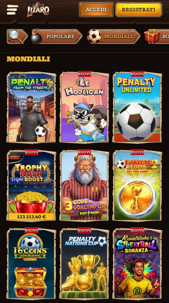 Sezione Mondiali su Lizaro con slot a tema calcio